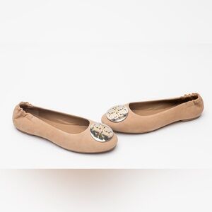 Tory Burch Suede Tan Flats with Gold Logo. Size 7.5